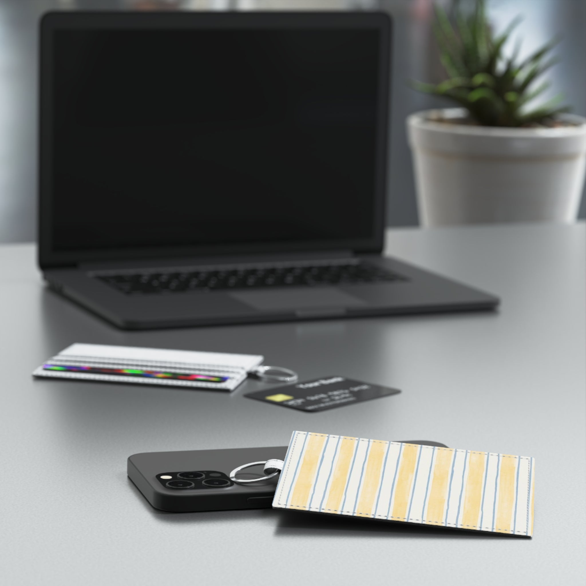 Yellow & Blue Stripes Leather Card Holder